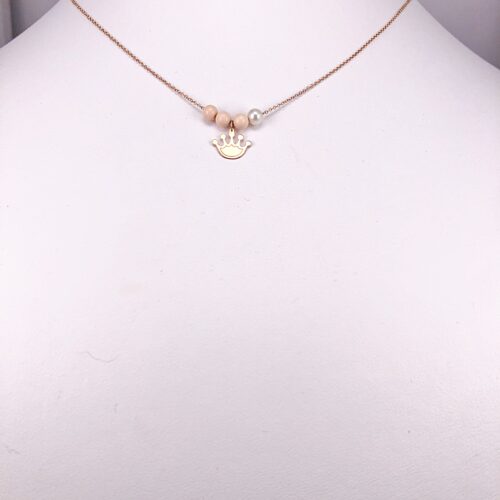 14ct Rose Gold Crown Pendant with Three red beads and one pearl & Chain